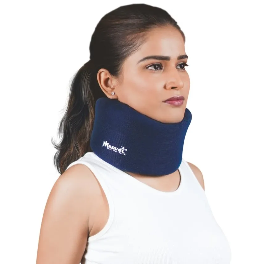 Woman wearing a soft cervical collar for neck support